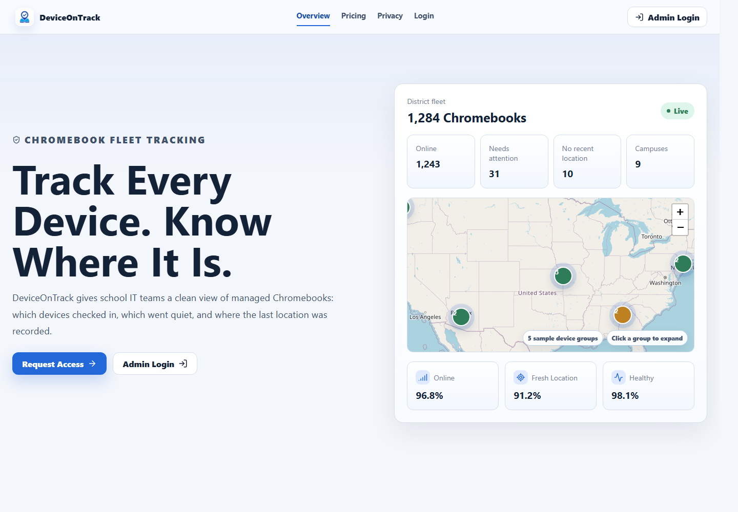 DeviceOnTrack live product website showing Chromebook fleet tracking